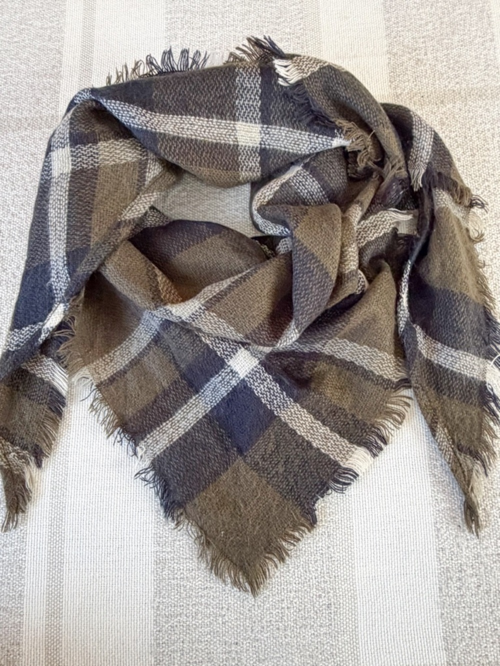 Cozy Plaid Triangle Scarf in Olive Green, Brown, Black & Cream